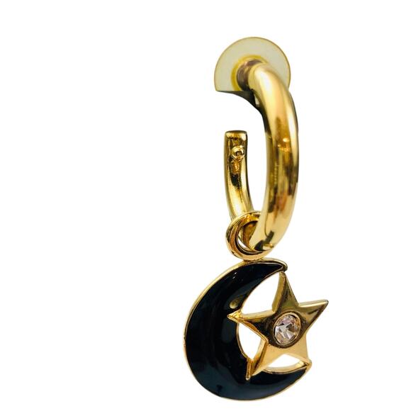 Vintage 80's Earrings Black Half Moon Gold Hoop Dangle Rhinestone Spacecore - Picture 14 of 16